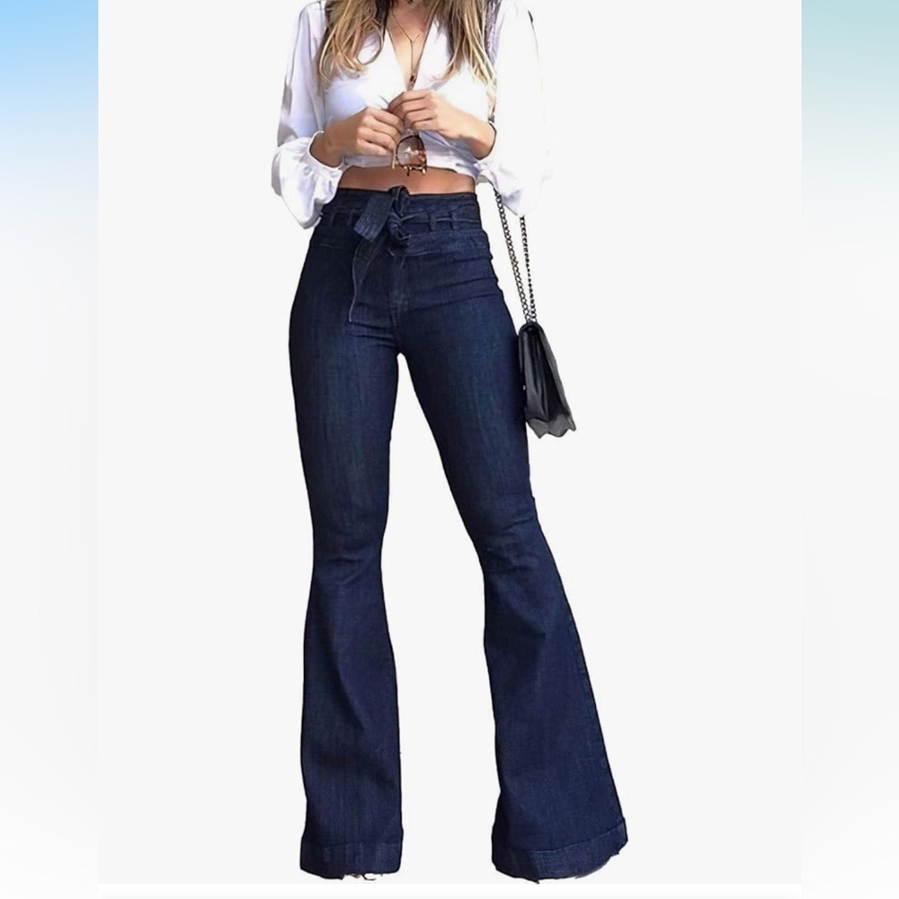 Pantete Womens High Waisted Bell Bottom flare belted Jeans size M NWTs